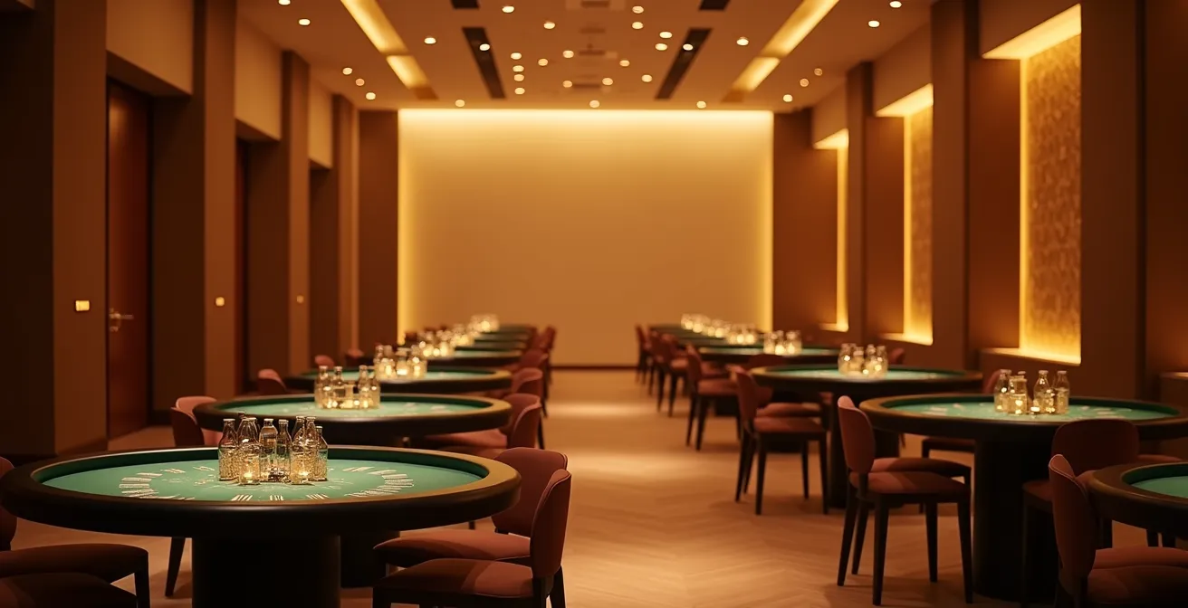 Vue d'ensemble d'un espace événementiel transformé en casino avec éclairage tamisé