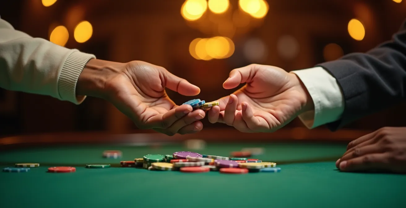 Gros plan sur des mains échangeant des jetons de casino colorés dans une ambiance chaleureuse