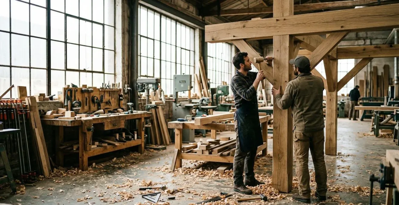 Artisans travaillant sur une grande structure en bois dans un atelier baigné de lumière naturelle, copeaux et outils disposés sur l'établi