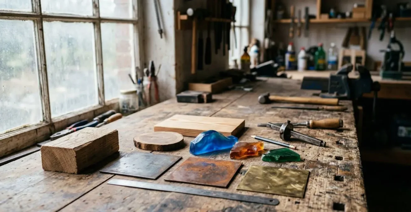Échantillons de bois brut, plaques métalliques et pièces en résine colorée disposés sur un établi d'atelier baigné de lumière latérale