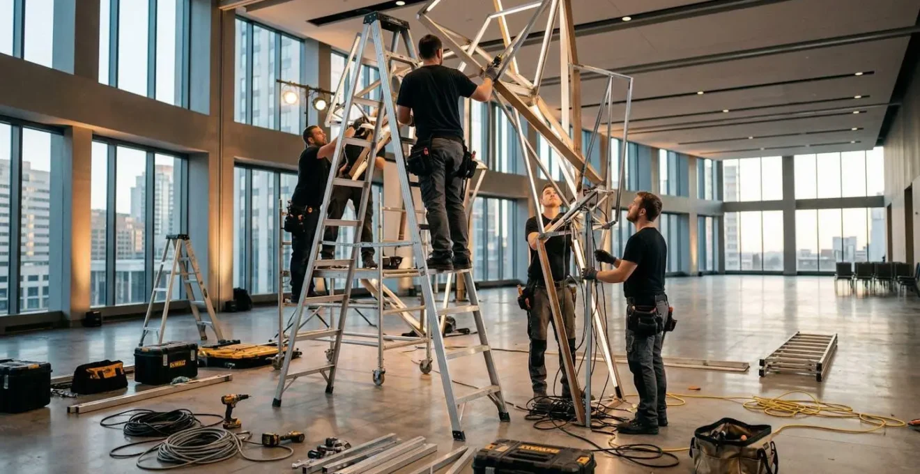 Équipe technique installant un grand décor dans une salle événementielle vide, personnes vues de dos manipulant une structure