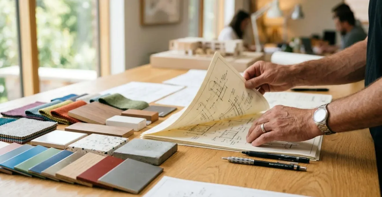 Mains feuilletant des plans techniques sur une table de travail, échantillons de matériaux colorés disposés à côté