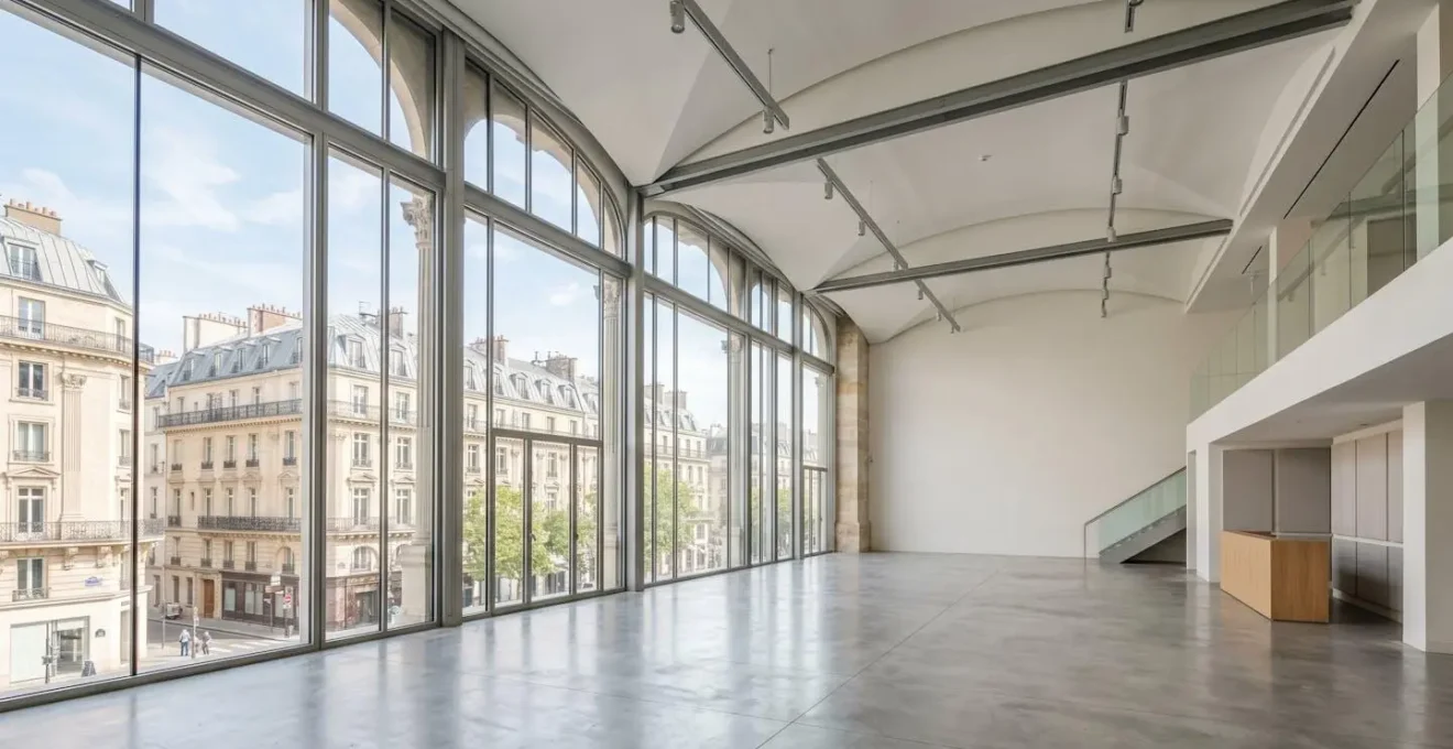 Vue en grand angle d'un espace événementiel parisien contemporain vide et lumineux, avec de grandes fenêtres laissant entrer une lumière naturelle abondante et une architecture moderne épurée