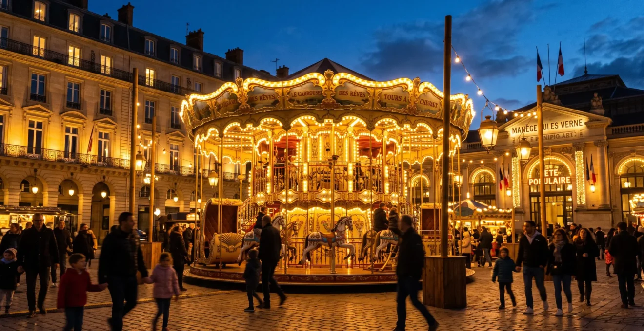 Carrousel Belle Époque illuminé la nuit avec guirlandes dorées et éclairages d'époque, entouré de décoration événementielle cohérente également éclairée (lanternes vintage, guirlandes), public en mouvement en arrière-plan, ambiance chaleureuse
