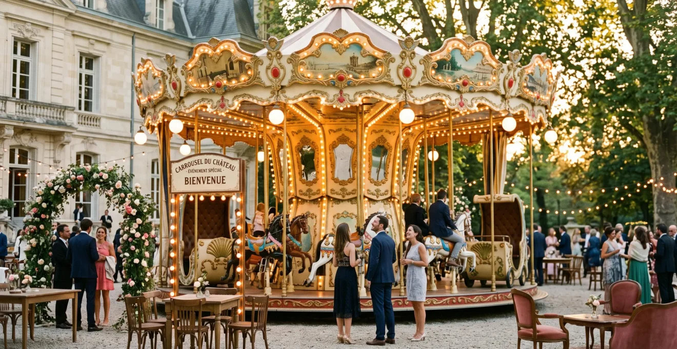 Carrousel Belle Époque en bois sculpté et doré installé dans une cour de château lors d'un événement corporate, entouré de guirlandes vintage et de décoration florale cohérente, lumière dorée de fin de journée, invités élégants en arrière-plan