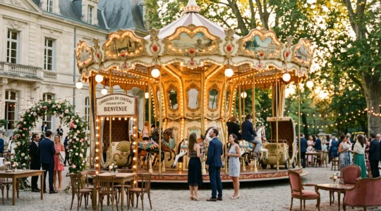 Carrousel Belle Époque en bois sculpté et doré installé dans une cour de château lors d'un événement corporate, entouré de guirlandes vintage et de décoration florale cohérente, lumière dorée de fin de journée, invités élégants en arrière-plan