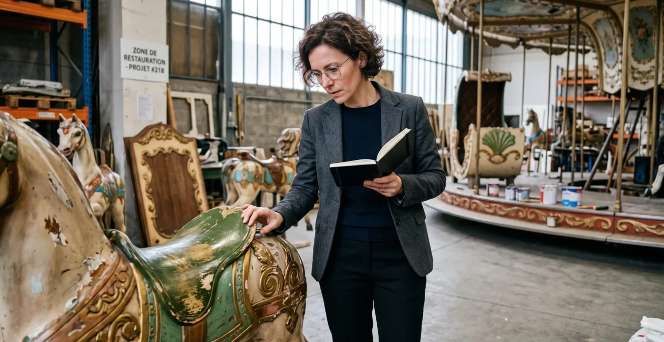 Responsable événementiel examinant de près les détails chromatiques et décoratifs d'un carrousel ancien dans un entrepôt professionnel, carnet en main, évaluant la cohérence esthétique pour son projet